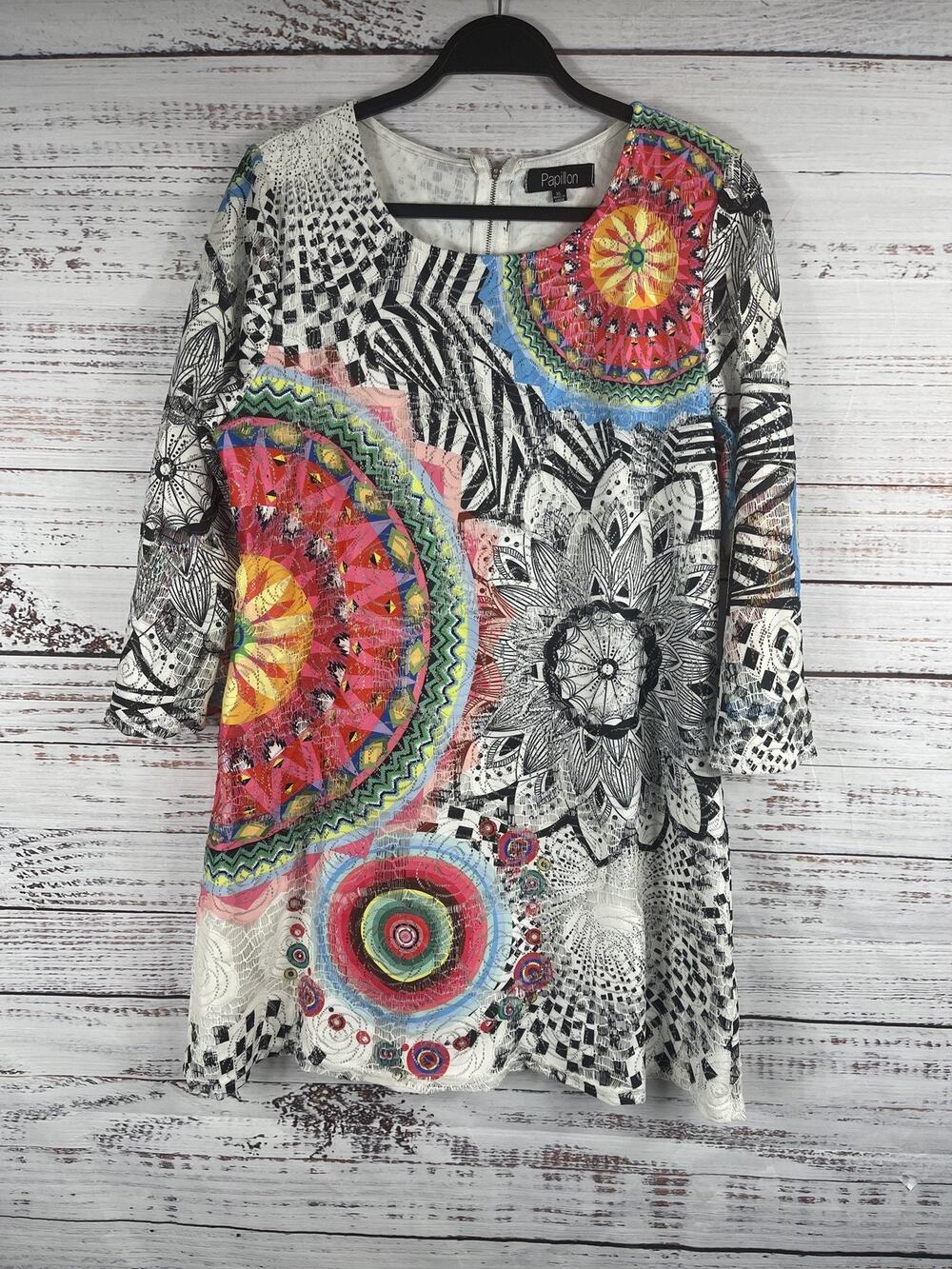 Papillon Dress Womens XL Multicolor Boho Tunic 3/4 Sleeve Back Zip Mandala Print